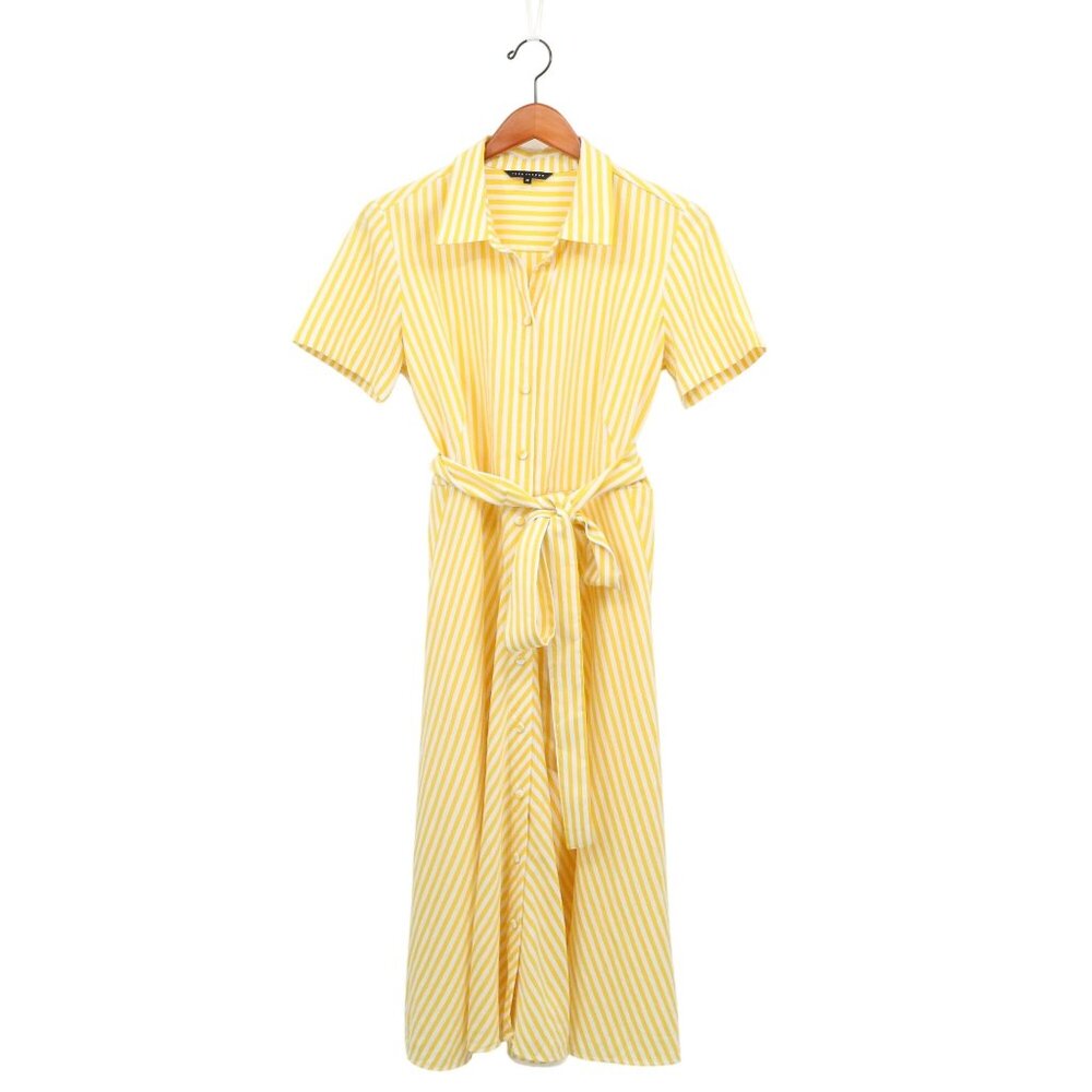 Tara Jarmon Yellow White Striped Short Sleeve Belted Shirt Dress 36 US 4